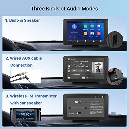 Portable Car Radio Stereo Audio Receiver with Wireless Carplay&Android Auto, 7” FHD IPS Touchscreen, 1080P Backup Cam, Siri, Google Voice, FM, Bluetooth, GPS Navigation, Aux, TF Card TTXSCAM T86