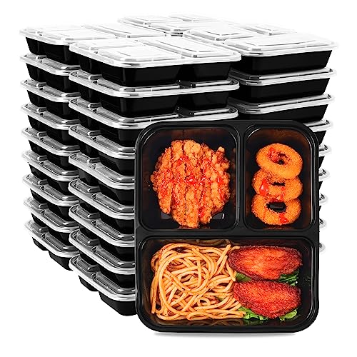 Moretoes 50 Pack 32 oz Meal Prep Containers 3 Compartment Plastic Food Storages with Lids, Reusable Food Take-Out Lunch Box Microwave/Freezer/Dishwasher Safe