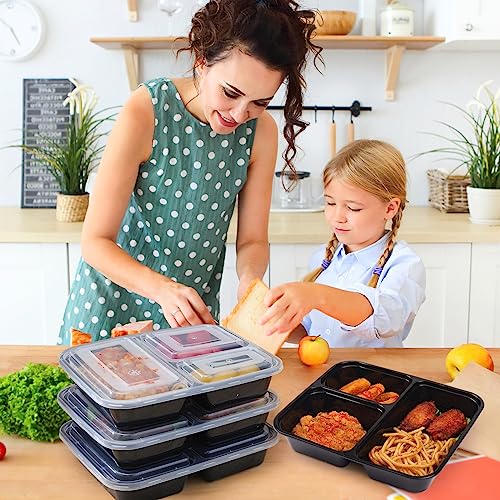 Moretoes 50 Pack 32 oz Meal Prep Containers 3 Compartment Plastic Food Storages with Lids, Reusable Food Take-Out Lunch Box Microwave/Freezer/Dishwasher Safe