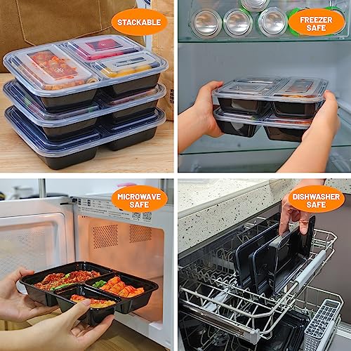 Moretoes 50 Pack 32 oz Meal Prep Containers 3 Compartment Plastic Food Storages with Lids, Reusable Food Take-Out Lunch Box Microwave/Freezer/Dishwasher Safe