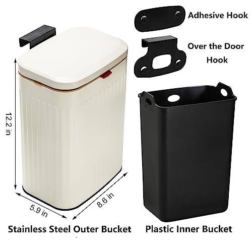 Youeon 2.1 Gallon Kitchen Trash Can with Lid, Stainless Steel Trash Can Compost Bin, Hanging Small Trash Can for Kitchen Cabibet Door, Counter, Under Sink, Bathroom, RV, White