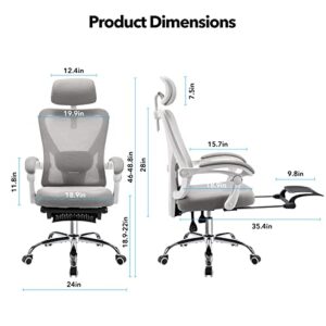 ACCHAR Ergonomic Office Chair, Reclining Mesh Chair, Computer Desk Chair, Swivel Rolling Home Task Chair with Padded Armrests, Adjustable Lumbar Support and Headrest (Grey with Footrest)