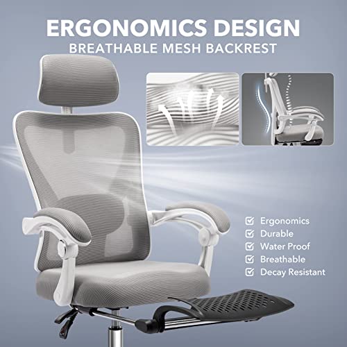 ACCHAR Ergonomic Office Chair, Reclining Mesh Chair, Computer Desk Chair, Swivel Rolling Home Task Chair with Padded Armrests, Adjustable Lumbar Support and Headrest (Grey with Footrest)