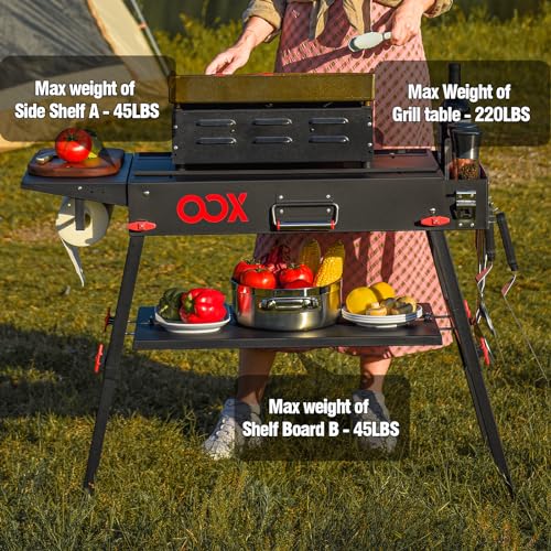 OOX Portable Grill Table with Double-Shelf for Outdoor Prep,Folding Grill Stand Fits Blackstone Griddle 17 Inch 22 Inch, Tabletop Propane Gas Grill, Camping BBQ Cooking, Stainless Steel, Black