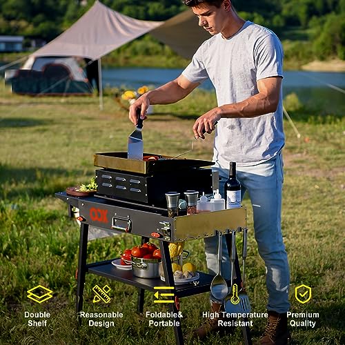 OOX Portable Grill Table with Double-Shelf for Outdoor Prep,Folding Grill Stand Fits Blackstone Griddle 17 Inch 22 Inch, Tabletop Propane Gas Grill, Camping BBQ Cooking, Stainless Steel, Black