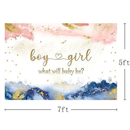MEHOFOND 7x5ft Gender Reveal Backdrop Boy Or Girl Photography Background Watercolor Pastel Clouds Rose Gold and Royal Blue He Or She Pregnancy Reveal Surprise Party Banner Photo Studio