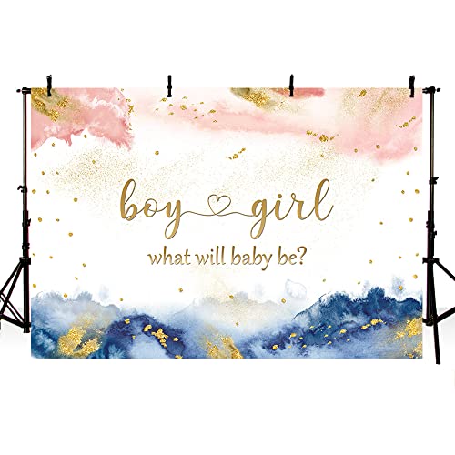 MEHOFOND 7x5ft Gender Reveal Backdrop Boy Or Girl Photography Background Watercolor Pastel Clouds Rose Gold and Royal Blue He Or She Pregnancy Reveal Surprise Party Banner Photo Studio