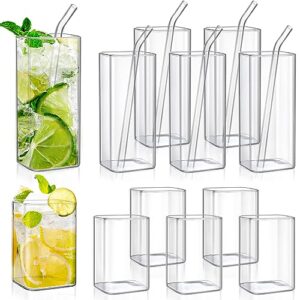 roshtia 12 pcs square glass cups with straws highball drinking glasses clear rocks glasses for tea wine beer cocktails juice coffee mixed drinks party glassware set, 8.5oz and 13.5oz (minimalist)