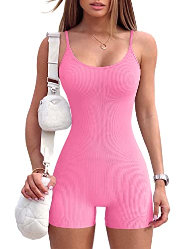 OQQ Women's Yoga One Piece Ribbed Spaghetti Strap Exercise Romper, Fluorescentpink, Medium