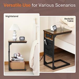 HOUIT C Shaped End Table with Charging Station Set of 2, Small Side Table for Sofa Couch and Bed, Sectional Slide Under Couch Table for Living Room, Bedroom