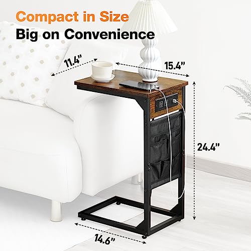 HOUIT C Shaped End Table with Charging Station Set of 2, Small Side Table for Sofa Couch and Bed, Sectional Slide Under Couch Table for Living Room, Bedroom