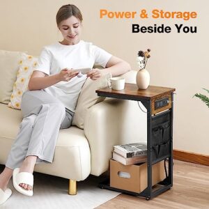 HOUIT C Shaped End Table with Charging Station Set of 2, Small Side Table for Sofa Couch and Bed, Sectional Slide Under Couch Table for Living Room, Bedroom