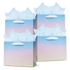 paper fair 12pcs ombre blue cream gift bags bulk w/ 24 tissue paper, 9 x 7 in, gradient pastel glitter paper gift wrap bag, recyclable gift packaging for christmas birthday father's day baby shower party favor décor