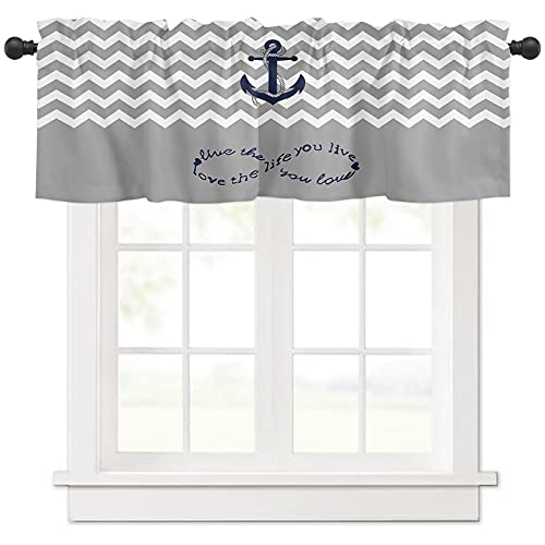 Artwork Store Valances Windows Curtain Blue Anchor Gary and White Zig Zag Pattern Kitchen Valances Rod Pocket Window Treatment Short Curtains Valance for Window 1 Panel,60 by 18 inches