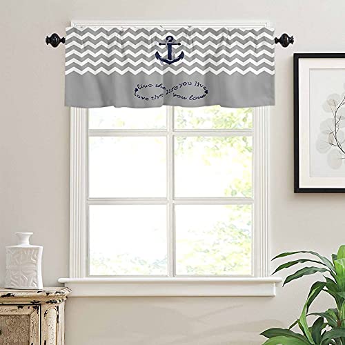 Artwork Store Valances Windows Curtain Blue Anchor Gary and White Zig Zag Pattern Kitchen Valances Rod Pocket Window Treatment Short Curtains Valance for Window 1 Panel,60 by 18 inches