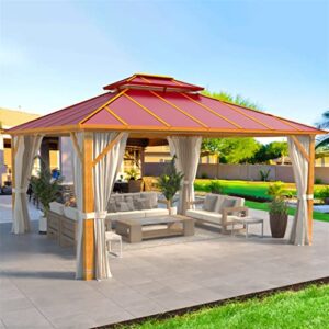 gazebo 12 x 14 hard top gazebo outdoor aluminum composite wood looking double roof with grill gazebo curtain and mosquito net for patio, lawn, garden, deck…