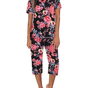 Ekouaer Women's Sleepwear Short Sleeve Tops with Capri Pants Pajama Set Two-Piece Pjs Lounge Sets with Pockets