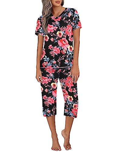 Ekouaer Women's Sleepwear Short Sleeve Tops with Capri Pants Pajama Set Two-Piece Pjs Lounge Sets with Pockets