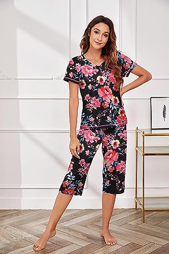 Ekouaer Women's Sleepwear Short Sleeve Tops with Capri Pants Pajama Set Two-Piece Pjs Lounge Sets with Pockets