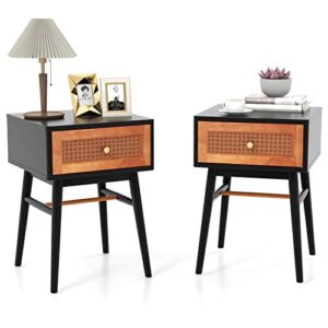 giantex rattan nightstand set of 2, boho end side table with rattan decorated storage drawer & solid wood legs, mid-century modern bedside table for bedroom small space, easy assembly, black