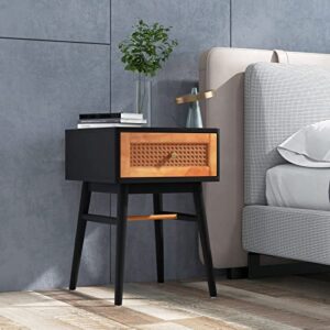 Giantex Rattan Nightstand Set of 2, Boho End Side Table with Rattan Decorated Storage Drawer & Solid Wood Legs, Mid-Century Modern Bedside Table for Bedroom Small Space, Easy Assembly, Black