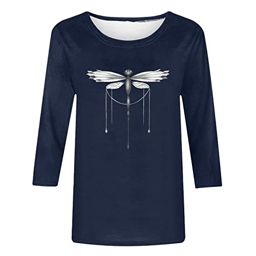 Womens Summer Fall Navy Dragonfly Dance Graphic Loose Fit Blouses for Women 3/4 Sleeve Crew Neck Lounge Dance Cosplay Tops Women FI 3XL for Women 2023 Winter Spring Fashion Trendy