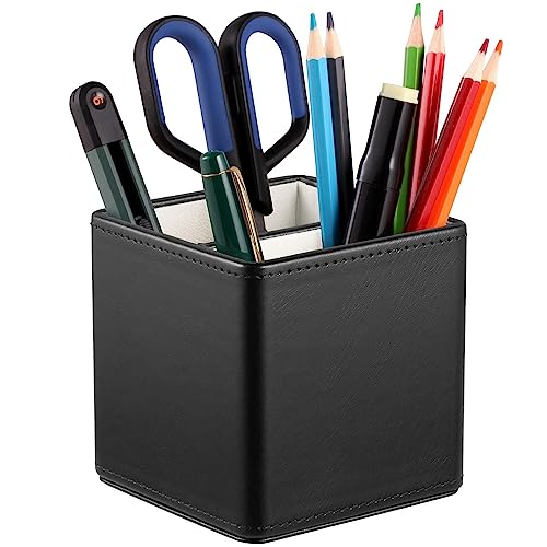 Lorteme 2-Compartment Pen Holder, Handmade Leather Pencil Cup, Stationeries and Desk Supplies Organizer for Home, Office & School - Black