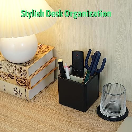 Lorteme 2-Compartment Pen Holder, Handmade Leather Pencil Cup, Stationeries and Desk Supplies Organizer for Home, Office & School - Black