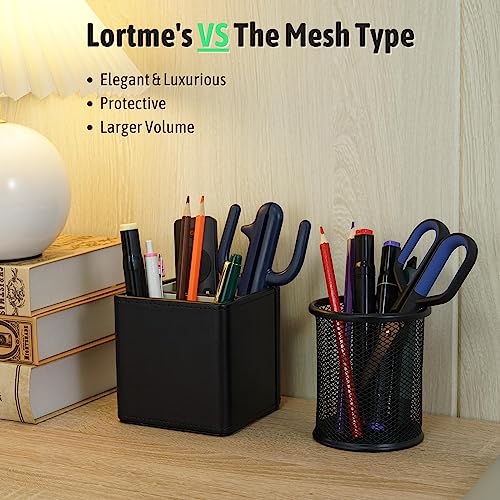 Lorteme 2-Compartment Pen Holder, Handmade Leather Pencil Cup, Stationeries and Desk Supplies Organizer for Home, Office & School - Black