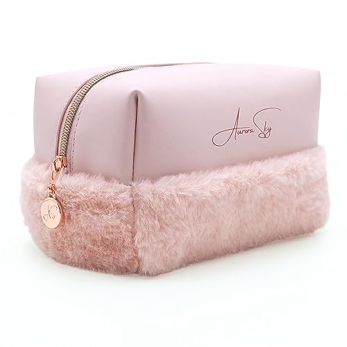 Aurora Sky Fluffy Bottom Makeup Bag Organizer – Portable Toiletry Travel Case – Cute Cosmetic Bag for Woman & Girls – Waterproof Soft Vegan Leather Pouch – Medium Size Storage (Pink)