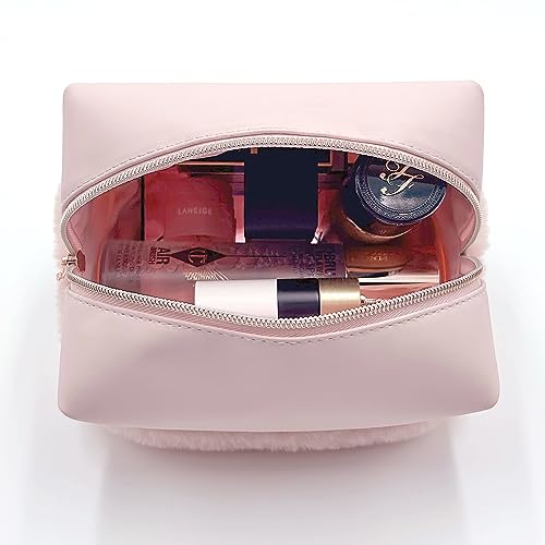 Aurora Sky Fluffy Bottom Makeup Bag Organizer – Portable Toiletry Travel Case – Cute Cosmetic Bag for Woman & Girls – Waterproof Soft Vegan Leather Pouch – Medium Size Storage (Pink)