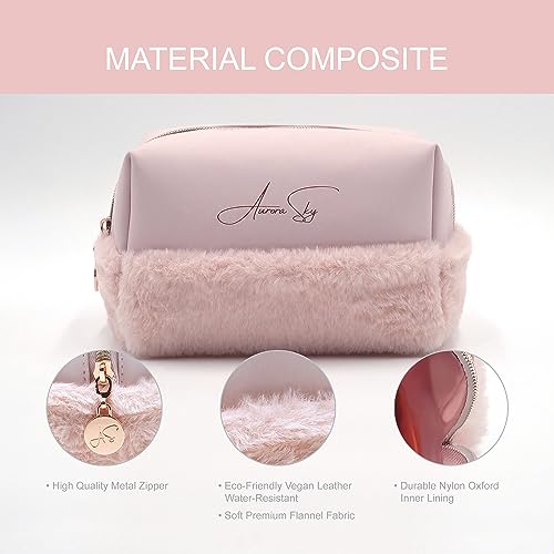 Aurora Sky Fluffy Bottom Makeup Bag Organizer – Portable Toiletry Travel Case – Cute Cosmetic Bag for Woman & Girls – Waterproof Soft Vegan Leather Pouch – Medium Size Storage (Pink)