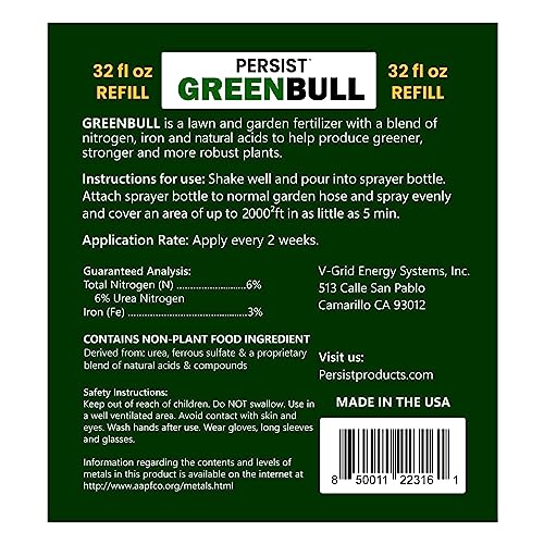 Persist Green Bull - 32oz Liquid Grass Fertilizer for Lawn and Garden Soil that Naturally Enhances Green and Creates Nitrogen Rich Plant Soil for Spring or All Year Lawn Care, Naturally Based Fertilizer for Greener Plants