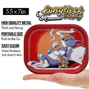 Long Neck Supply Metal Rolling Tray Smoke Accessories Cat & Mouse 7" x 5.5"