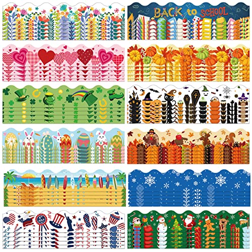 Geyee 360 Pcs Holiday Bulletin Board Borders Decorative Scalloped Border Trim Summer 4th of July Back to School Fall Halloween Christmas Bulletin Board Trim for Classroom School, 12 Design (Stylish)