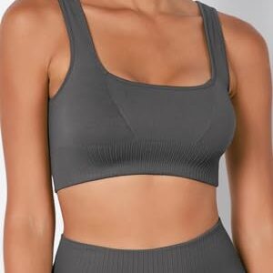 ODODOS Seamless Square Neck Sports Bra for Women Ribbed Crop Tank Casual Low Back Cropped Tops, Charcoal, Medium/Large