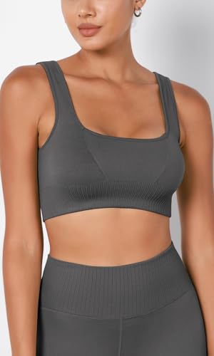 ODODOS Seamless Square Neck Sports Bra for Women Ribbed Crop Tank Casual Low Back Cropped Tops, Charcoal, Medium/Large