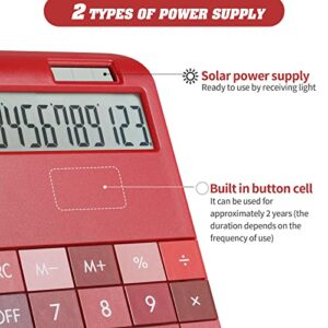 AOAILION Colorful Calculator Solar and Battery Dual Power with 12-Digit LCD Display and Big Button,Red Calculator for Women and Girls (Red)