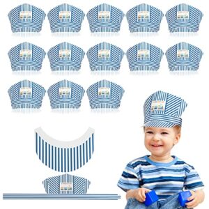 bonuci 24 pieces paper train party hats train engineer hats for kids train party cosplay, train conductor costume halloween blue and white stripes train themed party photo props