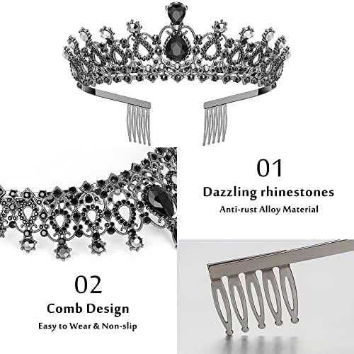 Makone Black Birthday Tiara for Women, Birthday Queen Sash & Rhinestone Tiara Set with Combs, Crystal Hair Accessories Glitter Sash for Women Girls Bridal Wedding Prom Birthday