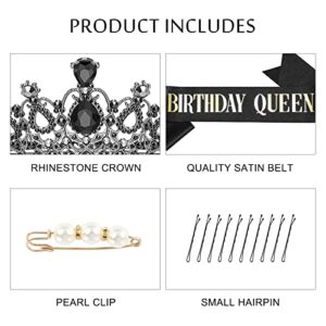 Makone Black Birthday Tiara for Women, Birthday Queen Sash & Rhinestone Tiara Set with Combs, Crystal Hair Accessories Glitter Sash for Women Girls Bridal Wedding Prom Birthday