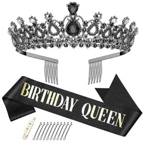 makone black birthday tiara for women, birthday queen sash & rhinestone tiara set with combs, crystal hair accessories glitter sash for women girls bridal wedding prom birthday