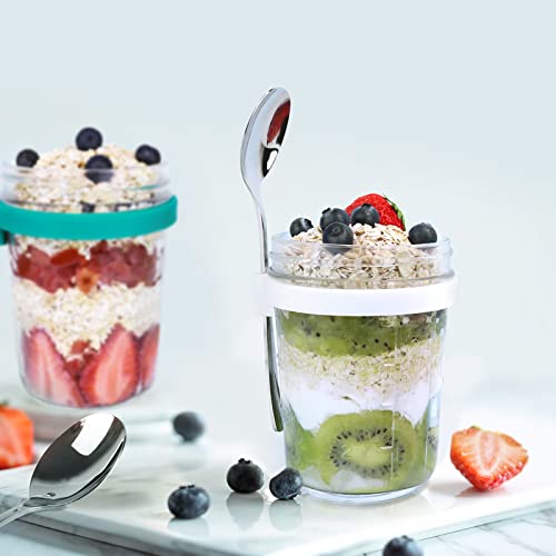 Creamhoo Overnight Oats Containers with Lids and Spoon, Thick Glass Overnight Oats Jars, 4 Pack Large Capacity Airtight Mason Jars for Cereal, Milk, Vegetable and fruit