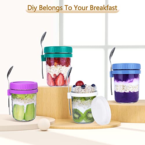 Creamhoo Overnight Oats Containers with Lids and Spoon, Thick Glass Overnight Oats Jars, 4 Pack Large Capacity Airtight Mason Jars for Cereal, Milk, Vegetable and fruit