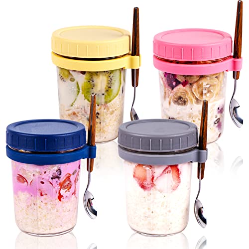 SLLFLY Overnight Oats Containers With Lids And Spoons 16 oz,4 Pack Overnight Oats Container,Mason Jars For Overnight Oats