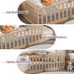 Tatub Twin Floor Bed with Safety Guardrails, Montessori Floor Bed for Kids, Wood Kids Floor Beds Frame, Entry Can Install Left and Right, Twin-Nature