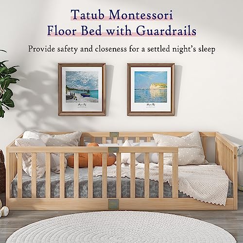 Tatub Twin Floor Bed with Safety Guardrails, Montessori Floor Bed for Kids, Wood Kids Floor Beds Frame, Entry Can Install Left and Right, Twin-Nature