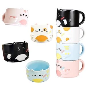 jifoow cat mug set of 4 stackable porcelain cute cat coffee mug set gifts for cat lovers,funny coffee mugs with cartoon cat designs 10 oz for party, christmas
