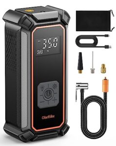 olarhike portable tire inflator - air compressor for car tires with automatic shutoff - 120 psi digital pressure gauge and emergency led light - cordless and compact automotive pump - black and orange