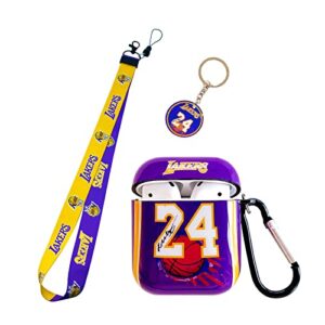 purple laker with basketball sports brand style lanyard keychain airpod 1/2 case, personalised and unique process tpu soft airpods case cover. suitable for fans boys girls teens